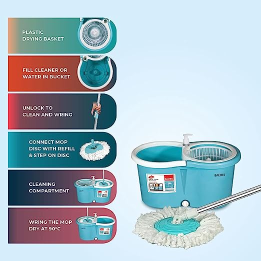 Baltra Magic Clean Mop with Wheels and Bucket Floor Cleaning with 2 Microfiber Refills 7 LTR Baltra Magic Clean Mop with Wheels and Bucket Floor Cleaning with 2 Microfiber Refills 7 LTR
